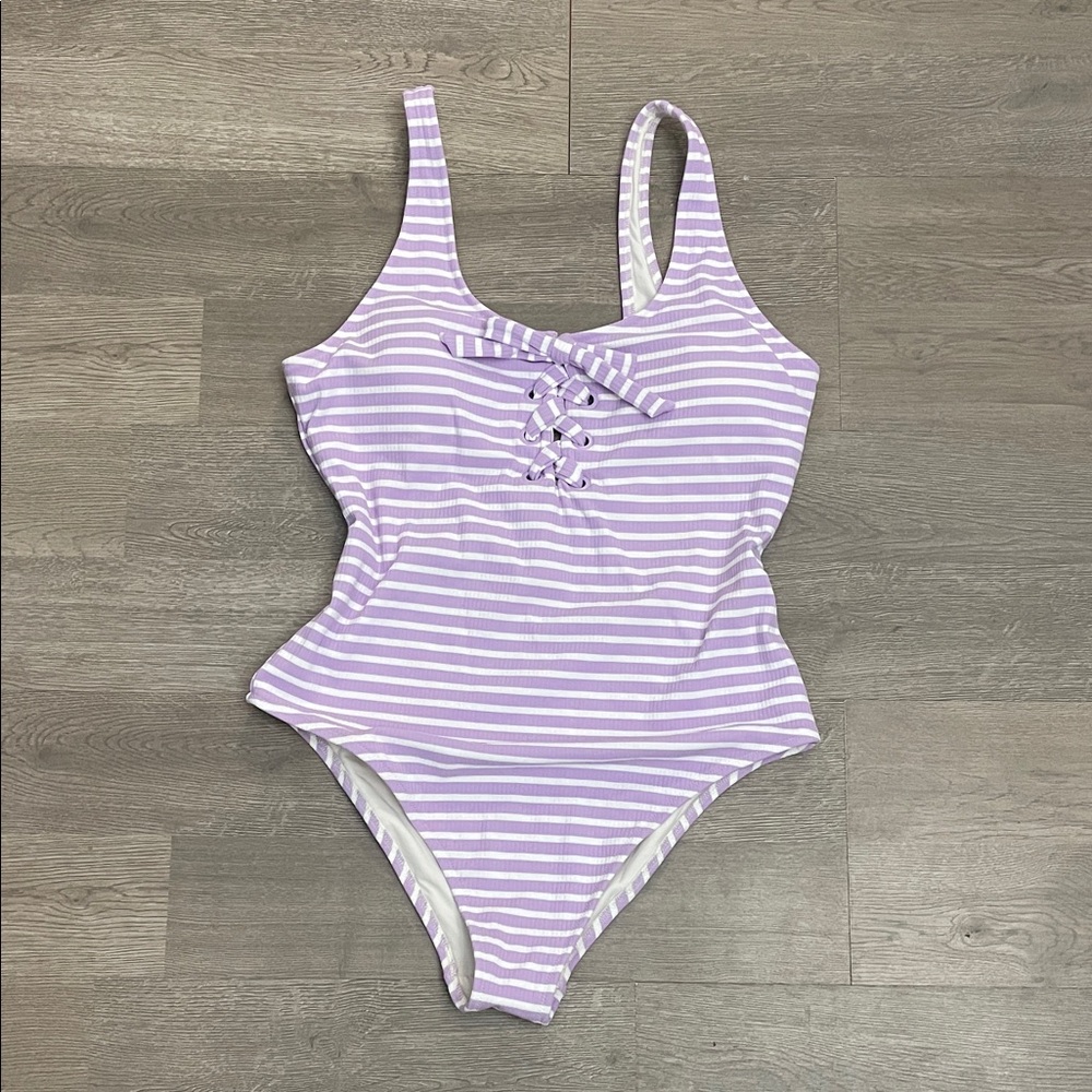 AERIE large long one piece Purple Striped Swimsuit NEW